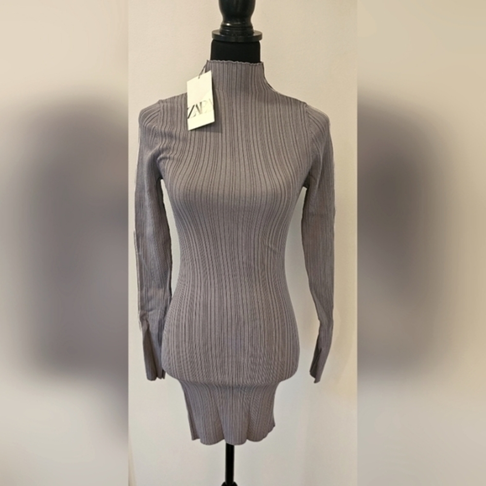 ZARA Ribbed Knit Mock Neck Dress Top Gray Size M NWT